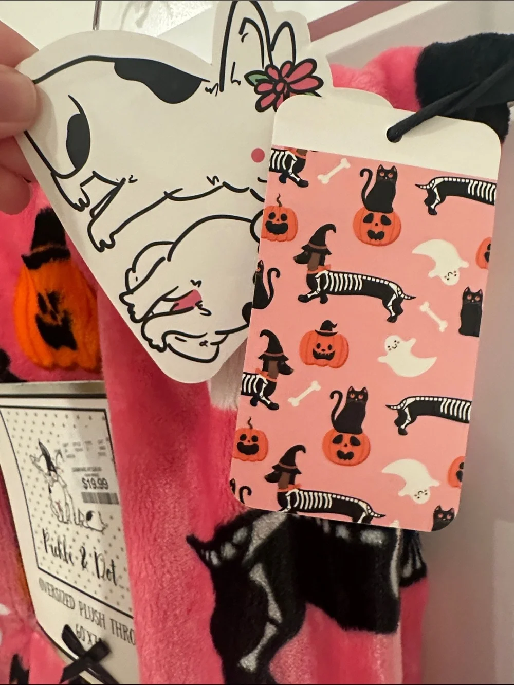 NWT Pickle & Dot Pink Halloween Skeleton Dachshund Plush Throw Blanket 60